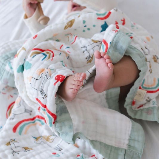 Rainbow Wishes Muslin Baby Blanket – Sage Trim 🌈